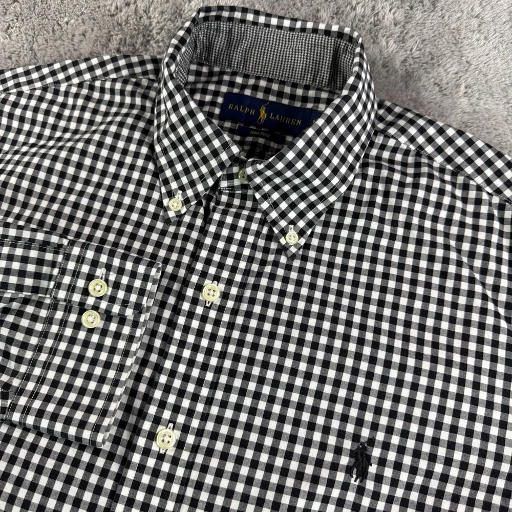 Polo Ralph Lauren Shirt Mens Medium Black Gingham Check Button Down Non Iron